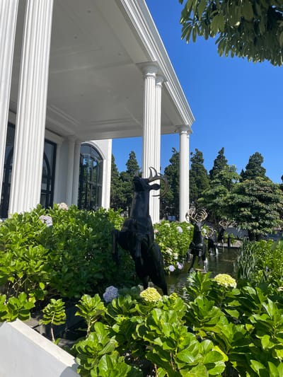 The image presents an exterior view of a white building with classical architectural features, situated in Kayuambon, Indonesia. The structure features prominent fluted columns supporting a flat portico ceiling equipped with recessed circular lighting. Large windows with dark frames, some exhibiting arched tops, are visible on the building's facade.

In the mid-ground and foreground, a landscaped area contains dense green broadleaf shrubs, some displaying clusters of light purple and pale yellow-white flowers. This vegetation partially surrounds a shallow water feature. Within this water, multiple dark-colored statues of deer are positioned. Each deer statue is characterized by distinct golden antlers; one statue in the foreground is depicted rearing on its hind legs, while others appear to be standing in the water.

The background reveals a clear, vibrant blue sky. Several tall, slender evergreen trees and other mature broadleaf trees are visible, contributing to the outdoor environment. No individuals are present within the frame. The scene is illuminated by bright sunlight.