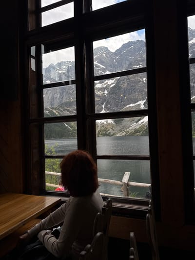 A person with red hair is looking out a multi-pane window in a wooden structure, possibly a mountain lodge. The window offers a view of a mountainous landscape with snow-capped peaks and a body of water. The scene is observed inside a building, probably a wooden structure with visible window frames and interior details. While the city Brzegi, Poland, is mentioned, its direct relevance to the visual content of the image is not evident without additional context or landmarks identifiable within the frame.