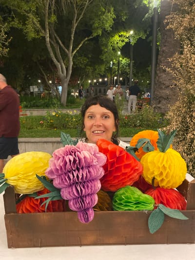 A woman with dark, curly hair and a white shirt is positioned in the foreground, behind a wooden crate filled with colorful, honeycomb-like paper decorations resembling fruits. The decorations include yellow, purple, red, and green items. In the background, a garden with plants and flowers is visible, with several people walking around. Streetlights illuminate the scene, suggesting it is nighttime. The environment appears to be an outdoor public space, possibly a park or plaza. The image is taken in Tavira, Portugal.