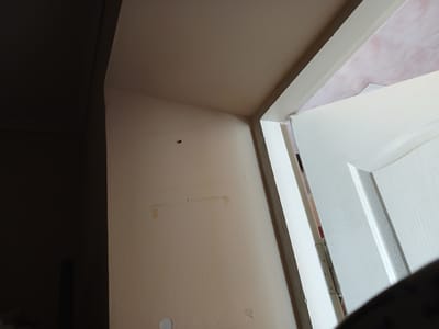 The image shows an interior view of a room, likely a hallway, with a section of a white door visible on the right. The walls are painted a light beige color. There is a dark, undefined area on the left side of the image which could be a doorway or another room. The ceiling is visible at the top of the frame and appears to be a light cream color. The door frame is also white and is aligned with the door. The lighting suggests it is daytime, possibly with natural light coming from the open door. There are no people or animals in the frame. The image is taken from a low angle, looking upwards towards the ceiling and the top of the door frame. There are small marks on the wall, including what appears to be a small dark hole with some tape around it.