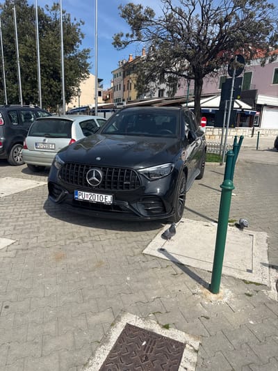 The image captures a street scene in Grad Rovinj, Croatia, focusing on a black Mercedes SUV parked on a gray brick pavement near green bollards. The SUV, bearing a Croatian license plate "PU 2010-EJ", is parked adjacent to a gray Renault car with a "PU 2938-F" license plate. A black hatchback car is partly visible in the foreground. Pigeons are seen near the bollards. The background shows buildings with various colors, including pink and yellow, and trees with sparse foliage. The scene is bathed in sunlight.