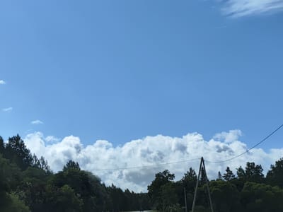 The image depicts a vast, clear blue sky with scattered white cumulus clouds. Below the sky, a dense line of lush green trees forms a natural horizon. A black electrical wire stretches horizontally across the frame, supported by two wooden poles, one on the right and another partially visible on the left. In the distance, a road is visible, with a small dark-colored vehicle driving on it. The scene suggests a natural, rural, or suburban environment under a bright, possibly summer, sky. The location is the city of Salacgrīva, Latvia.