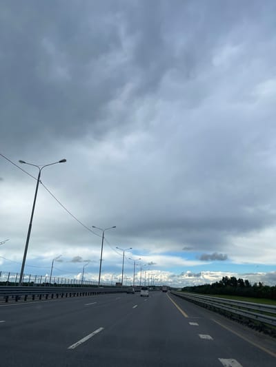 The image shows a highway in Бавыкино, Russia. The road is multi-lane and paved. Streetlights line one side of the road. A guardrail runs along the edge of the highway. Beyond the guardrail, there is a strip of trees and sky. The sky is predominantly cloudy. There are a few vehicles on the highway.