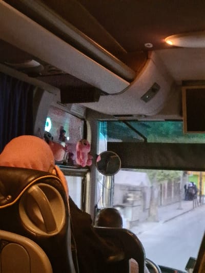 The image provides a forensic view from inside a vehicle, likely a bus, looking forward through the front windshield towards a street in Ashrafia, Syria.

**Internal Environment**:
In the foreground on the left, the top portion of a dark-colored passenger seat with light beige or gray trim and a circular handle is visible. Above this seat, the crown of a head covered in a peach or light pink fabric is present. The ceiling area displays white overhead compartments typical of bus interiors, with an illuminated light fixture on the right side. Blue curtains are partially visible along the left side window. Near the front windshield, a small circular mirror is affixed. To the left of the mirror, several small plush toys, including a prominent pink one, are positioned. A person's head with dark hair is partially visible behind what appears to be the vehicle's dashboard, suggesting the driver's position.

**External Environment**:
Through the windshield, a street with a gray, paved surface extends into the distance. Along the right side of the street, multiple structures are visible, appearing to be single-story buildings or shacks, some exhibiting corrugated metal elements. Green foliage and trees are discernible behind and between these structures. Further down the street on the right, indistinct human figures are present. The ambient lighting suggests either early morning, late afternoon, or an overcast day.