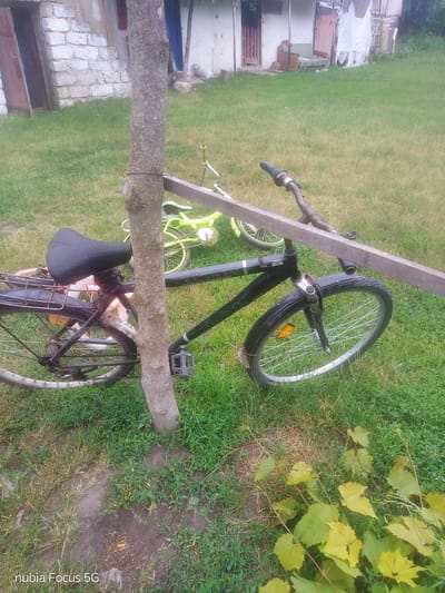 The image captures a scene in Sestrynivka, Ukraine, depicting a rural yard with two bicycles and a section of a building. In the foreground, a black bicycle is leaning against a tree, with a wooden plank placed across its handlebars and frame. The bicycle has a black seat, a metal rack on the back, and a chain visible. Behind it, a lime green bicycle is partially visible, also situated on the grassy yard. The background shows a low-rise building constructed with light-colored bricks, with some white siding and wooden doors. The yard is covered in green grass, with some patches of drier vegetation. The overall impression is one of a quiet, possibly abandoned or seldom-used, outdoor space.