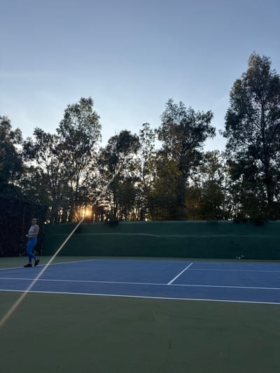 A tennis court is visible, with blue and green surfaces divided by white lines. Adjacent to the court are trees silhouetted against a bright sky with sunlight filtering through their branches. A woman is present near the trees, wearing a white top and blue leggings. The composition is oriented vertically, showcasing the height of the trees and the court's layout.