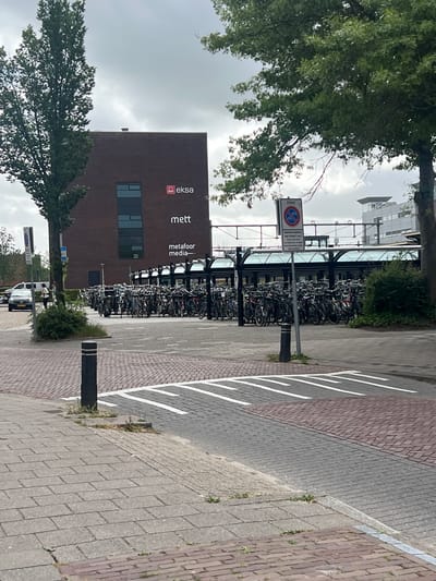 The image depicts an outdoor scene in what appears to be a city environment, likely in the Netherlands, given the context of Leeuwarden. The foreground is dominated by a brick-paved walkway with white markings, suggesting a pedestrian or cycling path. A large number of bicycles are parked in racks under a modern, covered structure, indicating a bike parking facility, possibly near a train station or public building.
To the left of the bike racks, a multi-story building with a brick facade is visible. The building has several windows and prominently displays the text "eksa" and "mett metafoor media" on its side. Adjacent to the building and the bike racks are trees with lush green foliage, suggesting it is a warm season, likely spring or summer.
A traffic sign with a red circle and a diagonal line, prohibiting something, is mounted on a pole near the edge of the bicycle parking area. Further in the background, other buildings and structures can be seen, and the sky is overcast, indicating cloudy weather. A few people are visible near a white car parked on the street, but they are small in the frame. The overall impression is of a functional urban space dedicated to transportation and commerce.