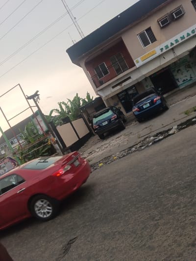 A red car drives on a cracked asphalt road. On the right, a two-story building houses a pharmacy. Two parked cars sit near the building. Banana trees grow near a gate adjacent to the pharmacy. A metal pole structure stands on the left side of the road. The sky is overcast.