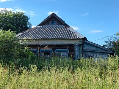 The image depicts a dilapidated, abandoned wooden house overgrown with lush vegetation. The house has a steep, corrugated roof and a small dormer window near the apex. The wooden walls are weathered and faded, with some sections appearing to be rotting or missing. The windows are broken or boarded up, and the blue window frames are peeling. Tall grass and wild plants dominate the foreground, almost obscuring the base of the house. Trees are visible on the left and right sides of the structure. The sky is bright blue with scattered white clouds. This scene is located in the city of Arkhangel'skoe (Sp Veselevskoe), Russia.