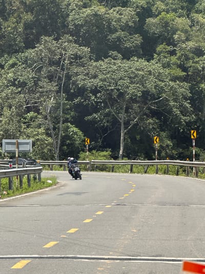 The image depicts a scenic mountain road in Lac Duong, Vietnam. A motorcycle with two occupants, both wearing helmets, is navigating a curve in the asphalt road. The road is marked with yellow lines and has a metal guardrail on the right side. On the left side of the road, there is a black car and a signpost with two rectangular boards. The surrounding environment is lush and green, with dense trees covering the hillsides. Two yellow curve warning signs are visible along the right side of the road. The sky is overcast, suggesting a daytime scene with diffused light.