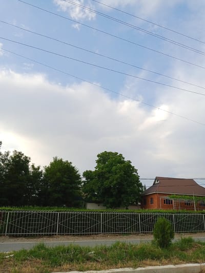 In Beşik-Jon, Kyrgyzstan, a low-angle shot captures a view of a brick house with a brown roof, partially obscured by lush green trees. A white metal fence with diamond-shaped patterns separates the property from a paved road. The sky above is a mix of blue and white clouds, with several power lines stretching across the frame. The foreground is dominated by dry grass and a concrete curb.