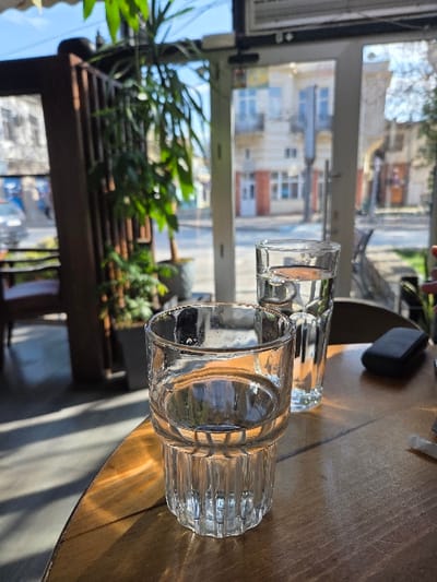 The image depicts an indoor scene looking out through a large glass facade onto an urban streetscape in Gevgelija, North Macedonia. In the immediate foreground, a wooden table surface displays two clear glass tumblers containing water. The tumbler closest to the viewer is shorter, wider, and features a vertically ribbed texture on its lower half. Behind it, a taller, narrower tumbler also contains water. To the right, a black rectangular object, possibly a phone or wallet, rests on the table. Strong sunlight illuminates the table, casting distinct shadows and reflections.

Inside the establishment, visible through the glass to the left, is a large potted plant with green foliage, positioned next to a dark, vertically slatted wooden partition. An upholstered chair is partially visible behind the partition. An overhead air conditioning unit or ventilation duct is partially visible at the top of the frame.

Beyond the glass, the street scene reveals multi-story buildings with balconies and windows across the road. One prominent building displays a light-colored facade with architectural details. A light-colored vehicle is partially visible on the street to the far left. The sky appears clear, indicating daytime conditions. No individuals are clearly identifiable within the frame. The scene suggests a stationary perspective from within a cafe or similar establishment.