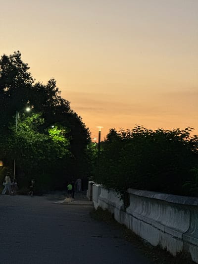 The image depicts a scene in Novyi Chirkei, Russia, during what appears to be dusk or early evening. The sky is a gradient of pale orange and yellow, suggesting the sun has recently set or is about to rise. A road or pathway runs along the right side of the frame, bordered by dark green foliage and a concrete structure. Several people are visible walking or standing along the pathway. One person is wearing a bright green shirt. Lights are illuminating some of the trees, creating patches of bright green foliage against the darker surroundings. In the distance, a tall structure with lights is visible against the twilight sky. The overall atmosphere is serene, with a blend of natural and artificial light creating a slightly dramatic effect. No visible text is present in the image.