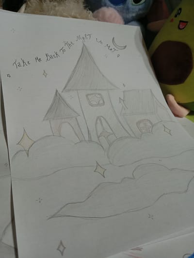 A hand-drawn sketch on white paper depicts a whimsical scene. In the foreground, stylized clouds rendered in light gray pencil form the base of the drawing. Emerging from these clouds are elements of a fantastical castle or mansion, characterized by tall, pointed roofs and arched doorways and windows, all outlined in pencil. Small, star-like shapes and musical notes are scattered across the paper, suggesting a magical or dreamlike atmosphere. The upper portion of the drawing features handwritten text. To the left, in cursive, it reads "Take Me Back To The Night". To the right, also in cursive, it says "We Met" with a crescent moon symbol and a musical note. The drawing appears to be a creative piece, possibly inspired by a song or a personal memory. The background of the image shows parts of stuffed toys, one blue and pink with large eyes, and another shaped like a yellow avocado with a brown pit and a smiling face. The lighting is soft, with the drawing illuminated from above. There is no indication or relevance to the city of Kokand City, Uzbekistan.