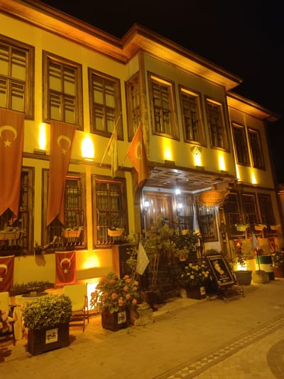 The image depicts the exterior of a multi-story building at night in the city of Osmangazi, Turkey. The building features traditional architecture with wooden window frames and is illuminated by warm yellow lights, highlighting its facade. Turkish flags, featuring a white crescent and star on a red background, are prominently displayed, hanging from poles and draped over windows.

At ground level, there is a paved walkway or courtyard. Several potted plants and flowers, including hydrangeas and leafy shrubs, are arranged in front of the building, adding to the ambiance. One large planter box near the center of the image displays a sign that reads "HALEICI". Further to the right, a framed poster or sign is propped up, showing a portrait of a woman. Various light fixtures are visible on the building's exterior, contributing to the overall illumination of the scene. The overall impression is that of a well-maintained and welcoming establishment, possibly a hotel or restaurant, given the presence of flags and signage.