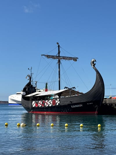 The image depicts a black Viking-style ship named "Ragnarok" docked in a harbor. The ship has a dragon head prow and is adorned with round shields along its side, some of which are red and white. A large white ferry is visible in the background, suggesting a busy port environment. Yellow buoys float on the blue water in the foreground. The sky is clear and blue, indicating fair weather. The location is stated to be Chayofita, Spain.