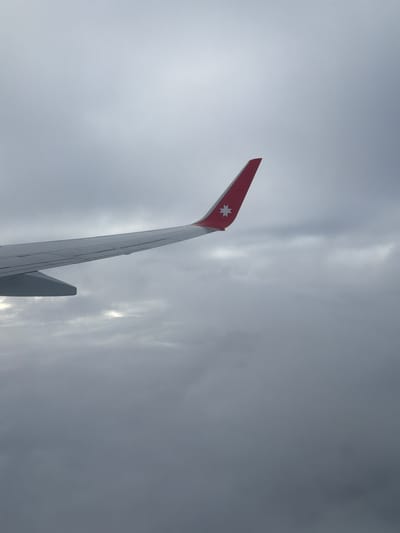 An airplane wing, with a red tip featuring a white star logo, extends from the left side of the frame, cutting diagonally across the image. The wing is white with visible panel lines. The background is a uniform expanse of overcast sky, with variations in grey tones indicating clouds. There is no discernible city, landscape, or people visible. The image appears to be taken from inside an aircraft, looking out at the wing and sky. The specific location in Dubrovo (Uleiminskoe S/P), Russia, cannot be determined from the visual information provided.
