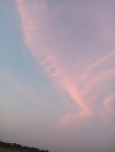 The image depicts a dusky sky with wisps of pink and blue clouds. The horizon shows a faint treeline, suggesting a rural or suburban environment. No people or specific landmarks are visible. The overall impression is of a serene evening sky, characteristic of the Ukrainian landscape, including areas around Ukrainka, Ukraine.