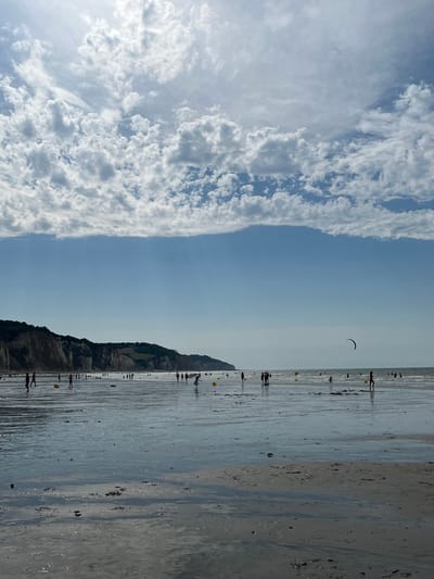 This image depicts a wide, sandy beach scene on a clear day, likely during daylight hours given the bright sky. The image is oriented vertically, with the sky occupying the left half and the beach and ocean on the right. A band of dramatic, white, fluffy clouds stretches across the sky on the left, contrasting with the clear blue sky on the right.

Numerous people are scattered across the beach and the shallow water. Some are walking, while others appear to be standing or engaged in activities. There are also yellow buoys visible in the water, possibly marking an area or part of a recreational activity. In the distance, a kite surfer can be seen on the water, indicating some form of watersports are taking place.

The background features a steep, grassy cliff face that meets the beach on the right side of the image. The sand appears wet and reflective in places, suggesting the tide may be out or receding. The overall atmosphere appears relaxed and leisurely, consistent with a day at the beach. The lighting suggests it is daytime, likely afternoon, with the sun high in the sky. There is no visible text in the image. The location context provided, Hautot-sur-Mer, France, aligns with a coastal European beach setting.