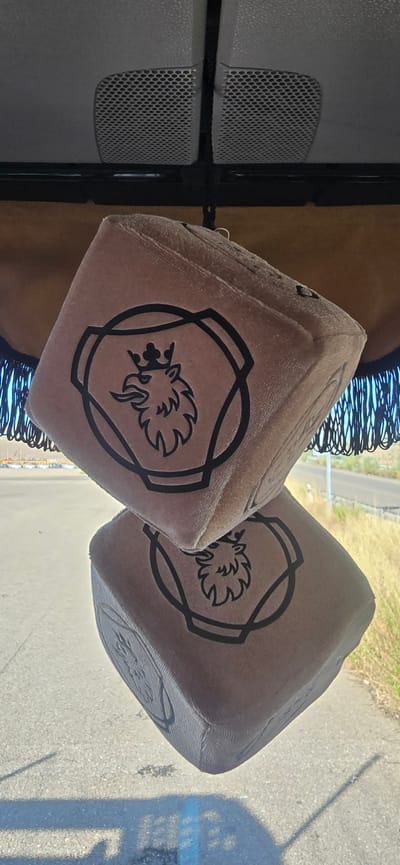 Two fuzzy dice, each with a black lion emblem on one side, hang from a black cord inside a vehicle. The dice are beige and appear to be made of plush material. The lion emblem features a crown and a mane. The dice are positioned one above the other, with the top die slightly angled to the left. Outside the vehicle, a paved road with dry grass and bushes is visible, suggesting a rural or roadside location. The sky is overcast. The image was taken in Pedrola, Spain.