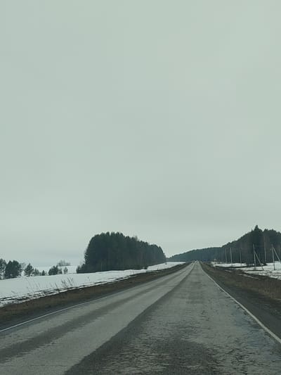The image depicts a straight, two-lane road stretching into the distance under an overcast sky. The road surface appears wet and worn. Snow is visible on the sides of the road in the adjacent fields and near stands of coniferous trees. The landscape is rural, with rolling hills in the background. The absence of any signage or specific landmarks makes determining the exact location within Ledukhi, Russia, impossible.