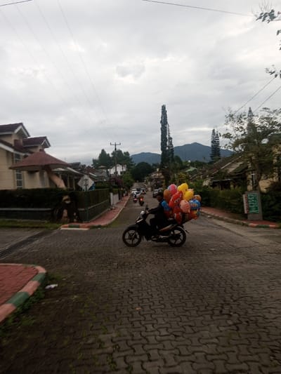 The image presents an overcast daytime street scene in Suddepalle, India. A dark-colored motorcycle, driven by an individual wearing a dark helmet and dark clothing, is positioned in the lower-center, moving forward on a grey interlocking paver road. The motorcycle's rear is heavily laden with a large, clustered arrangement of approximately twenty to thirty inflated, multi-colored balloons, many featuring cartoon character graphics in hues such as yellow, red, blue, orange, and pink.
The street is lined with residential buildings of varying architectural styles, some featuring terracotta-colored roofs. Green hedges and fences border the properties. A red and green painted curb defines the road's edge. A drain grate is visible on the left side of the road. In the mid-ground, further down the street, several additional motorcycles are visible in a line, also moving forward. Utility poles and overhead power lines are present across the upper portion of the frame. Tall, slender trees are scattered throughout the environment, and distant mountains are visible under the cloudy sky. A green informational sign with white text is positioned on the right side of the road.
