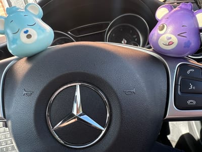 The image displays the interior of a vehicle, centered on a black Mercedes-Benz steering wheel. A chrome Mercedes-Benz three-pointed star logo is prominently located in the center of the steering wheel. Two small, stylized animal head figurines are positioned on the upper part of the steering wheel's central hub. The left figurine is light blue, depicting a sleeping expression with closed eyes, a pink nose, and a small blue heart design. The right figurine is purple, featuring a winking expression with one eye open and one closed, a pink nose, and several purple flower-like patterns on its face. Control buttons, including telephone answer/end and voice command icons, are visible on the right spoke of the steering wheel. Parts of the dashboard and instrument cluster are discernible in the background. The scene is illuminated by what appears to be natural light. The specific location within Easingwold, United Kingdom, cannot be determined from the visual content of the image.