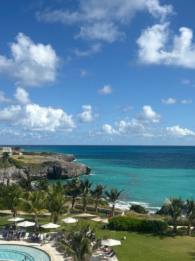 This image depicts an elevated view of a coastal area and resort grounds in Wellhouse, Barbados. The upper half of the frame shows a clear blue sky with scattered white cumulus clouds. Below, the ocean extends to the horizon, appearing dark blue further out and transitioning to a vibrant turquoise closer to the shore. Patches of brownish-red material, consistent with seaweed, are visible floating on the turquoise water.
The coastline consists of rugged, grey limestone cliffs, partially topped with sparse green vegetation, extending from the left mid-ground into the sea. A few light-colored buildings are discernible on the clifftop in the distant left. Numerous tall green palm trees are arranged along the edge of the cliffs and across the resort grounds in the mid-ground and foreground.
In the foreground, an expansive, well-maintained green lawn covers the right side. To the left, a light-colored paved deck surrounds a curved swimming pool with light blue water, in which three individuals (two adults and one child) are present. Multiple grey lounge chairs are arranged on both the paved deck and the lawn, many shaded by white market-style umbrellas. Approximately seven to ten individuals are observed occupying these chairs, some reclining.
A paved pathway runs along the coastal edge, partially obscured by vegetation. Two individuals, one dressed in red and another in blue, are seen walking on this path towards the right side of the frame in the mid-ground. The scene is illuminated by bright daylight, suggesting fair weather.