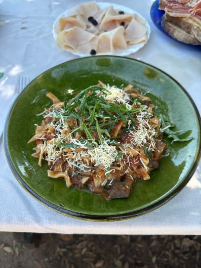 A close-up, eye-level shot focuses on a plate of pasta with a rich red sauce, topped with fresh greens and grated cheese. The pasta appears to be a ribbon-shaped variety. The plate itself is a deep, rustic green with a darker rim and is set on a white tablecloth. In the background, out of focus, are other food items: a small white plate with thinly sliced white meat, possibly ham or turkey, dotted with dark specks, and a blue plate with bread topped with more thinly sliced red meat. The overall setting suggests an outdoor dining experience, possibly on a patio or garden, given the visible texture of the ground and foliage in the lower portion of the image, indicating a location in Santa Cristina d'Aro, Spain.