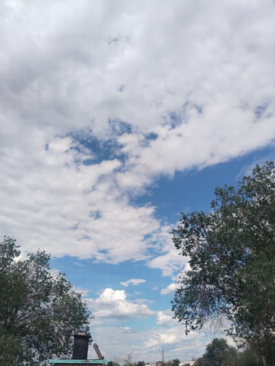 This media file captures a wide-angle view of a sky filled with scattered white clouds against a bright blue background. The bottom portion of the frame is dominated by the tops of lush green trees on the left and right, with their branches reaching upwards. In the lower center, a dark, rectangular object resembling a chimney or a stovepipe stands on what appears to be a rustic structure. Faint hints of distant buildings and utility poles can be seen near the horizon, suggesting a rural or semi-urban setting. The overall impression is one of an outdoor scene on a bright, possibly breezy day, given the texture of the clouds. The location context suggests this scene is in Ақадыр, Kazakhstan. There is no visible text in the image.