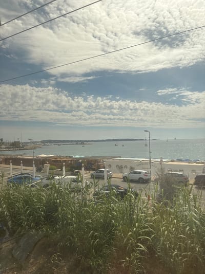 The image depicts a coastal scene with a view of the Mediterranean Sea. The foreground features greenery, possibly bushes or trees, partially obscuring the view. The middle ground showcases a road running parallel to the shoreline with parked cars and possibly a restaurant. The building facade is visible with the text "PASCALIN PlAGE RESTAURANT." The sea stretches out to the horizon, with a few small boats visible in the distance. The sky is filled with clouds. Wires or cables are visible in the upper left corner of the frame. Based on the restaurant name and the type of landscape, it is highly likely that this image was taken in the city of Vallauris, France.