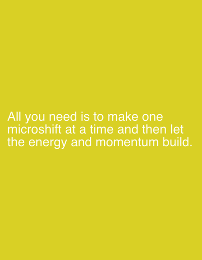 The image is a solid yellow background with white text that reads "All you need is to make one microshift at a time and then let the energy and momentum build". The coordinates provided (latitude: 48.211, longitude: 15.639) correspond to a location in Sankt Pölten, Austria.  There are no people, subjects, objects, actions, or interactions depicted.