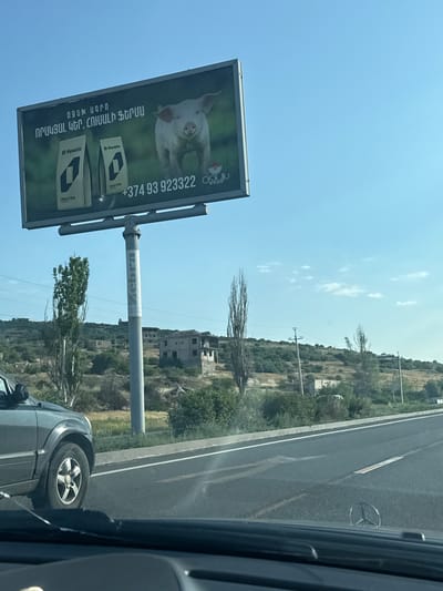 The image captures a billboard advertisement in Arzni, Armenia. The billboard features a close-up of a young pig against a dark green background. To the left of the pig are two bags of what appears to be animal feed, each branded with "Hendrix" and "INNUTRA." The text on the billboard is in Armenian. The billboard is mounted on a tall metal pole. In the foreground, the front of a dark gray SUV is visible, with its wheel turned slightly. The SUV is on a paved road, suggesting the image was taken from inside another vehicle. The background shows a hilly landscape with scattered buildings, sparse vegetation, and utility poles under a clear blue sky with a few scattered clouds.