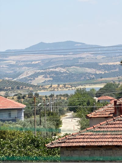 A wide-angle, eye-level, outdoor, daytime, full shot captures a rural landscape under a clear, pale blue sky. In the foreground, the terracotta-tiled roofs of two houses dominate the bottom half of the frame. The house on the left has white-painted walls and a visible window. The house on the right is partially visible, showing a brick chimney and a wall constructed of concrete blocks. Dense green foliage fills the space between and around these structures.
In the mid-ground, a road curves through a small village. Several utility poles with electrical wires stretch across the scene, and a few orange traffic cones are visible on the roadside. Beyond the village, a body of water, possibly a lake or reservoir, is nestled between rolling hills.
The background features a vast, layered landscape of hills and mountains. The slopes are covered in a patchwork of vegetation, including olive groves, indicated by the orderly rows of trees. The distant mountains fade into a hazy, light blue silhouette against the sky. The overall impression is a tranquil rural setting in the vicinity of Köprübaşı, Turkey.