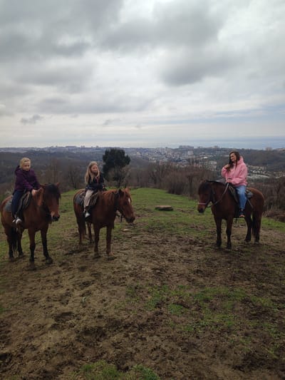 Three individuals are depicted on horseback on a muddy, grassy hillside, overlooking a cityscape and the Black Sea, presumably in Bestuzhevskoye, Russia. The sky is uniformly overcast with grey clouds.

Two young females, likely pre-teens, are positioned on the left and center of the frame. The leftmost girl has blonde hair, wears a dark purple hooded jacket, dark pants, and light-colored shoes. She is seated on a dark brown horse, facing slightly left and looking towards the camera. The middle girl, also blonde, wears a black hooded jacket over a light-colored patterned shirt, patterned pants, and white shoes. She is seated on a medium brown horse, facing slightly left and looking towards the camera, with her hands on the reins.

An adult female is positioned on the right. She has dark hair, wears a light pink hooded sweatshirt and blue jeans. She is seated on a medium brown horse equipped with a pink halter and saddle. She is looking to her left, away from the camera, with her left hand near her hair.

All three horses are brown and equipped with western-style saddles and bridles. The ground beneath the horses and individuals is a mix of dark brown mud with visible hoof prints and foot impressions, interspersed with patches of green grass. A dark, irregular rock is present on the ground between the middle and right horses.

In the background, a dense urban area with numerous buildings extends across the midground. Beyond the city, a large body of water, consistent with the Black Sea, stretches horizontally to the horizon. Bare deciduous trees cover the immediate hillsides between the subjects and the distant city.