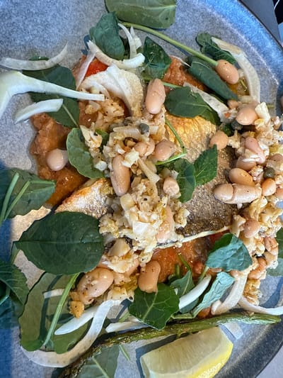 The image shows a plate of food, likely served at a restaurant in Oak Brook, Illinois, United States of America. The dish features a piece of fish with golden-brown skin, topped with white beans, capers, and what appears to be finely diced vegetables. The fish rests on a bed of reddish sauce. Around the fish are slices of white onion, green leaves, and a cooked asparagus spear. A wedge of lemon is positioned on the side of the plate. The plate itself is a textured gray or blue color.