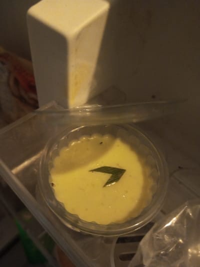 Inside a refrigerator or cooler at B. Nam Ngao, Laos, a clear plastic container holds a pale yellow, semi-liquid dessert. A single, dark green leaf, possibly pandan, rests on the surface of the dessert. The container features a scalloped or ridged edge. Its clear plastic lid is positioned partially open, resting above the dessert, slightly askew. To the upper left, a white, rectangular plastic component of the refrigeration unit is visible, exhibiting a faint yellow discoloration. The overall scene is dimly lit, revealing indistinct items and a clear plastic bag in the background. No individuals, overt actions, or interactions are depicted.