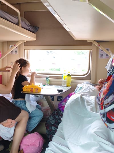A young girl with brown hair, wearing a black t-shirt and light blue jeans, sits at a table in what appears to be a train compartment. She is looking to her right and has her right hand raised, possibly holding something to her mouth. In front of her on the table is a yellow package of baby wipes labeled "Sunlight Kids". To her left, an adult's hands are visible, with one hand appearing to comb the girl's hair.

Next to the girl on the table are two bottles, one clear and one green, and a black electronic device. Behind the table, through a large window, greenery and buildings can be seen, suggesting an outdoor environment.

On the right side of the image, another person is lying down, covered by a white blanket, and appears to be sleeping. Colorful patterned fabric, possibly clothing or luggage, is draped nearby. The interior of the compartment features beige paneling and overhead storage. The overall scene depicts a moment of travel, possibly on a train journey.