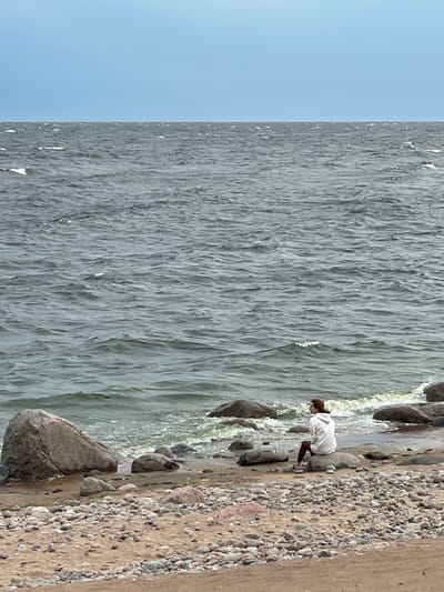 A person is sitting on a large rock on a pebble beach, facing the water. The person is wearing a white hoodie and dark pants. The sea is choppy with small waves. The sky is overcast and a pale blue. The beach is covered in various sizes of rocks and some sand. The location is identified as Ozerki (Krasnodolinskaya), Russia.