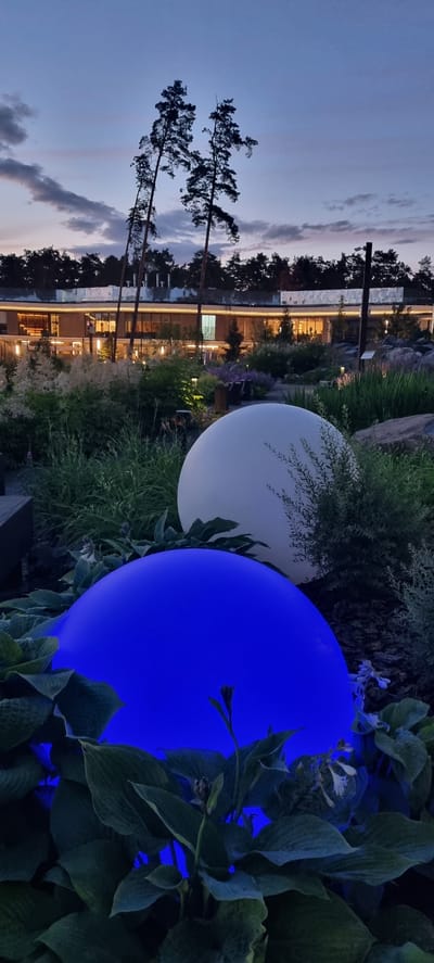 The media file depicts an outdoor scene at dusk, with a building in the background and lush vegetation in the foreground. Two large, spherical lights are prominent: one is white, and the other is a vibrant blue. The blue light illuminates the surrounding dark green foliage, casting an ethereal glow.

In the background, a modern building with large windows is visible. The windows show warm interior lighting, suggesting it is a place of residence or business. The building's architecture appears sleek and contemporary, with clean lines and a reflective facade.

The sky above is a soft gradient of twilight colors, with hints of pink and purple blending into a dusky blue, overlaid with wispy clouds. Silhouetted against the sky are tall, slender pine trees, their branches reaching upwards. The overall atmosphere is serene and slightly magical, enhanced by the interplay of natural light and artificial illumination.

The location is identified as Shulgino, Russia. The time of day is clearly dusk or early evening, indicated by the twilight sky and the illuminated building and lights. The weather appears calm, with no visible signs of rain or strong winds. The scene evokes a sense of tranquility and modern aesthetics, with the glowing spheres adding a touch of contemporary art to the natural landscape. There is no visible text in the media file.