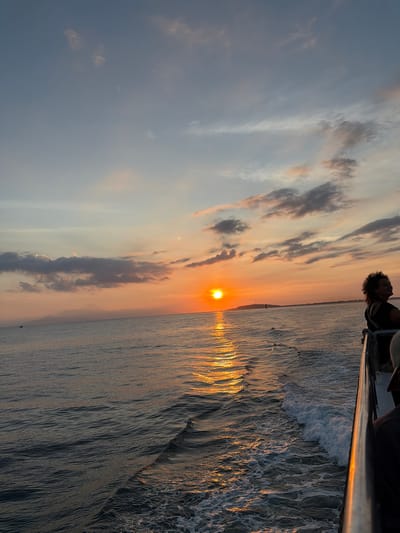 This media file captures a scenic view from a boat at sunset. The primary subjects are the vast sky filled with dramatic clouds painted in hues of orange, pink, and gray, and the calm sea reflecting the warm glow of the setting sun. A person with curly dark hair, wearing a dark top, is visible in the upper right portion of the image, looking out towards the horizon with a relaxed expression. The boat's railing is also a prominent object in the foreground.
The scene depicts a peaceful moment of enjoying the natural beauty of a sunset over the ocean. The sun is low on the horizon, casting a brilliant golden reflection on the water, creating a shimmering path. The waves are gentle, with some white foam visible where they crest, suggesting the boat is in motion. The clouds are varied, with some wispy and light, while others are darker and more textured, adding depth and drama to the sky.
The time of day is clearly sunset, indicated by the low angle of the sun and the warm, soft lighting. The weather appears to be clear with scattered clouds, creating a visually appealing sky. The presence of the ocean and the boat suggests a coastal or open water location. The overall emotion conveyed is one of serenity and appreciation for nature. There is no visible text in the media file. The location context is Pemenang Timur, Indonesia.