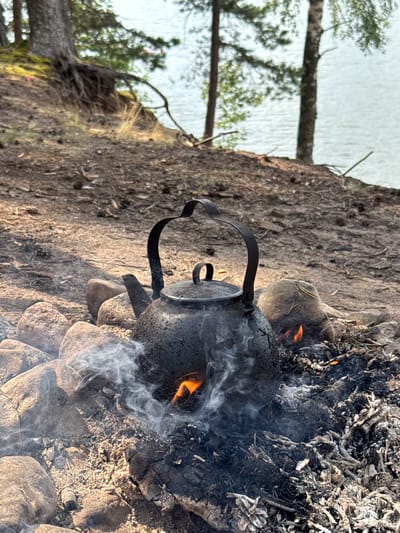A black, weathered kettle is positioned over a small campfire on a sandy, wooded shore near a body of water. The kettle, with a bent handle, is encrusted with soot and is actively smoking as flames rise from beneath it. The fire is surrounded by rough, reddish-brown rocks. The ground is covered with dry pine needles, cones, and ash from the fire. In the background, two trees with bare lower trunks and green canopies stand on the slight incline leading down to the water. The water itself appears calm and light blue. The overall scene suggests an outdoor camping or picnic setting.