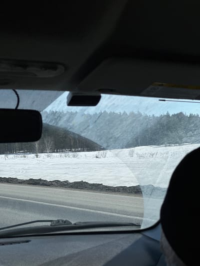 The image depicts a winter or early spring landscape viewed from the interior of a vehicle, located in the city of Im. Tattsika, Russia. The perspective is through the front windshield. The upper portion of the frame shows the vehicle's dark roof lining and sun visors, with a rearview mirror and a small black rectangular device (possibly a dashcam or sensor) attached to the windshield near the top. The windshield appears to have minor dust or marks.

Immediately outside the vehicle, a two-lane asphalt road with a solid white dividing line is visible, stretching from the lower center towards the mid-left. To the right of the road, a strip of dark, possibly thawing earth or dirty snow runs parallel. Beyond this strip lies a broad, snow-covered field exhibiting tracks and variations in the snow's texture. In the background, a dense line of trees forms the horizon. This treeline consists of both light-barked deciduous trees (birch) and dark coniferous trees, suggesting a mixed forest on a gentle rise or hill. The sky above is clear and bright, indicating daylight. A dark, indistinct shape, likely a headrest or the shoulder of a person, is visible in the lower right corner, suggesting the presence of a passenger or part of the vehicle's interior. No active subjects or specific interactions are discernable.