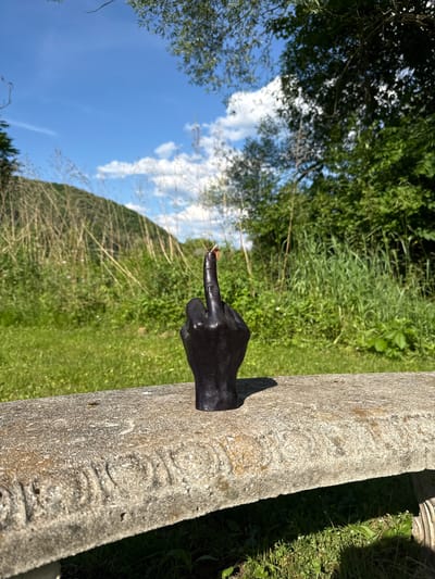 The image shows a close-up view of a dark, cast-iron hand sculpture protruding from a weathered, concrete structure. The hand is positioned as if giving the middle finger. The sculpture appears to be outdoors, with a background of lush green grass and trees, and a bright blue sky with fluffy white clouds. The sun is shining, casting shadows and highlighting the textures of the concrete and the hand. The concrete structure has visible weathering and some engraved text, though it is difficult to read clearly. The overall scene suggests a natural, possibly rural setting. The image is taken from a low angle, with the sky occupying a significant portion of the frame. The lighting and clear skies suggest it is daytime, likely during pleasant weather. The image's orientation is rotated, presenting the scene sideways.