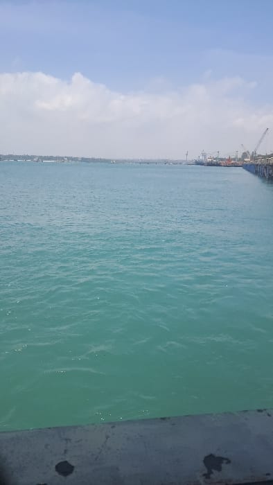 The image displays a wide view of Kilindini Harbour in Mombasa, Kenya, specifically within or adjacent to the Ganjoni/Shimanzi ward. The foreground features a dark, weathered concrete or metal barrier, suggesting a viewpoint from a pier or elevated platform. The central and mid-ground consist of a large body of turquoise-blue water with visible ripples, indicating movement. In the background, to the left, a distant landmass with faint structures and vegetation is present under a hazy sky. To the right, a commercial port is clearly visible, featuring multiple large cargo ships docked at a wharf, serviced by several tall gantry cranes and other industrial structures. The sky is partly cloudy with patches of white cumulus clouds against a light blue backdrop. No individuals are discernible within the frame. The scene is illuminated by daylight.