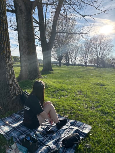 A horizontal outdoor shot in Beli Brod, Bulgaria, depicts a sunny, grassy field with several mature trees. A person is lying on a blue and white checkered blanket placed on the grass, wearing black shorts and socks and a flower crown. Various items are arranged on the blanket, including a black bag, a water bottle, a speaker, a phone, and a few cans. The trees are bare, with the sky visible through the branches. The sun is shining brightly.