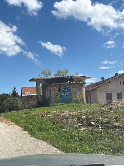 An outdoor medium shot captures a rural scene under a bright blue sky with scattered white clouds. In the foreground, a grey, asphalt road curves to the left, bordered by a grassy embankment. The embankment transitions into a dirt and rocky area with sparse green vegetation.
Dominating the midground are two dilapidated buildings. The structure on the left is a low, rectangular building with a flat, broken roof. Its exterior wall is adorned with graffiti depicting a cartoonish blue monster with a wide grin and yellow accents. Small trees are growing from the top of this building. To the right of this structure is a larger, partially collapsed building with a red-tiled, rusted roof. This building has visible windows and a chimney.
In the background, a dense evergreen forest stretches across the horizon. The overall impression is one of abandonment and nature reclaiming man-made structures. The image was taken in the village of Avramovo, Bulgaria.