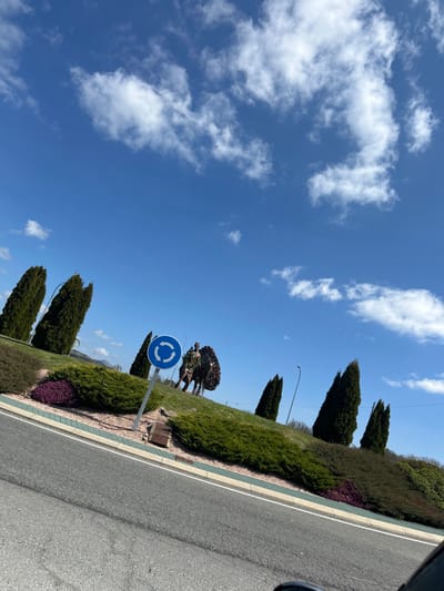 This image depicts a landscaped roadside area in El Espinar, Spain, under a clear blue sky with scattered white cumulus clouds. The foreground features a dark gray asphalt road, angled from the lower left to the upper right, bordered by a light-colored curb. Adjacent to the road is an elevated, manicured island covered in dense green shrubs and patches of purple foliage. Several tall, dark green conical evergreen trees, resembling cypresses, are positioned across this island.
A blue circular road sign with three white arrows indicating a mandatory roundabout direction stands prominently on the left side of the landscaped island. To the right and slightly behind this sign, a large, dark-toned sculpture is visible. The sculpture depicts two figures mounted on horses, facing right. The figures and horses are stylized, appearing to be constructed from metal or a similar material, with visible textural details. One of the figures appears to be holding an object. In the mid-ground, a slender utility pole or street light pole is visible. Distant hills or mountains are faintly discernible on the horizon to the left. The scene is brightly illuminated by natural daylight. A small portion of a vehicle's interior or rearview mirror is visible in the bottom right corner of the frame.