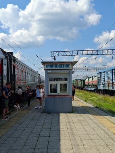In the city of Druzhinino, Russia, a train station platform is depicted under a partly cloudy sky. A passenger train, with its doors open, is on the left side of the frame. Several people are standing on the platform near the train. A small white dog on a leash is also present.
In the center of the image is a small kiosk with the word "МОРОЖЕНОЕ" (Ice Cream) written in blue letters above a window. Several individuals, including young women, are gathered near the kiosk.
To the right of the kiosk, a series of freight trains are visible on the tracks, including tank cars and open-top wagons. Green grass and wildflowers line the railway tracks. The platform itself is paved with gray tiles, with a yellow tactile paving strip running alongside the edge. Power lines and support structures for the overhead railway electrification system are prominent in the upper part of the image. A man is walking along the platform in the background, away from the camera.