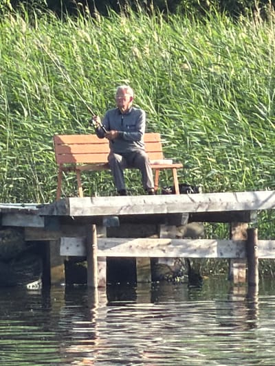 The image captures a man fishing from a wooden platform on a body of water. The man, who appears to be elderly, is wearing a blue shirt and is seated on a wooden chair. He is holding a fishing rod and appears focused on the water. The platform is constructed from weathered wooden planks and posts, suggesting it might be a dock or pier.
The surrounding environment is dominated by lush green reeds or tall grass, indicating a natural setting, possibly a lake, river, or pond. The water surface is visible to the right of the platform, reflecting the surrounding greenery and the wooden structure, creating a rippled effect. The lighting suggests it is daytime, likely a sunny day, given the clear shadows cast by the wooden structure.
The scene evokes a sense of peacefulness and leisure, with the man engaged in a solitary activity. There are no other people visible in the frame, reinforcing the feeling of a quiet, personal moment. The specific location within Ribnitz-Damgarten, Germany, is not visually discernible beyond the general context of a natural water body with a fishing platform. There is no visible text in the image.